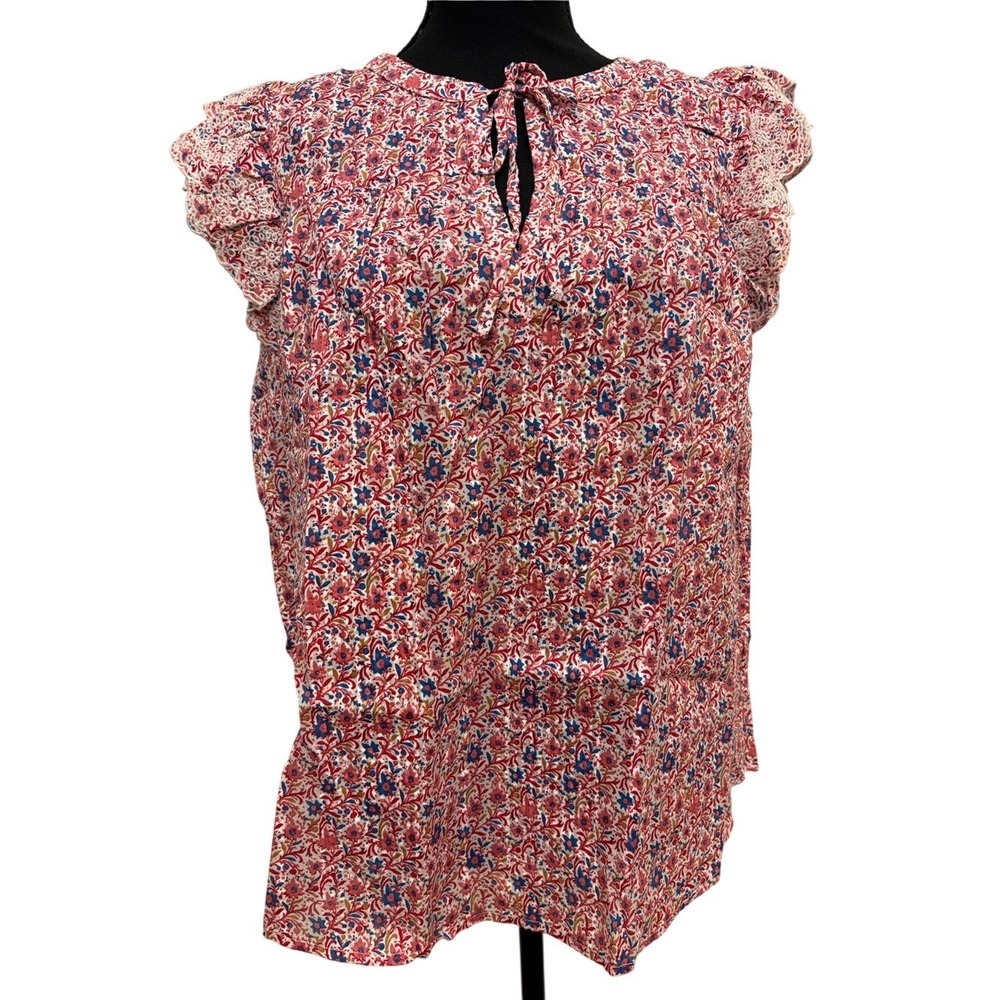 LOFT Multicolor Floral Tie-Neck Ruffle Sleeve Blouse Size Large NWT